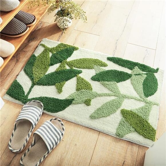 Green Leaves Bath Mats Bathroom Rugs Non-Slip Soft Microfiber Absorbent Machine - Picture 7 of 8